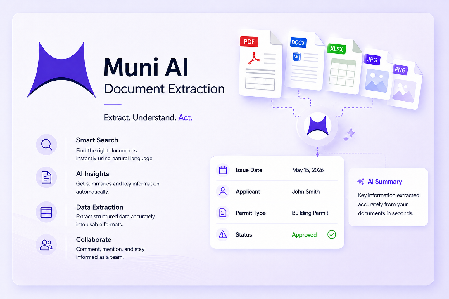 Muni AI Document Extraction - document search, AI summary, relevant results, extracted information